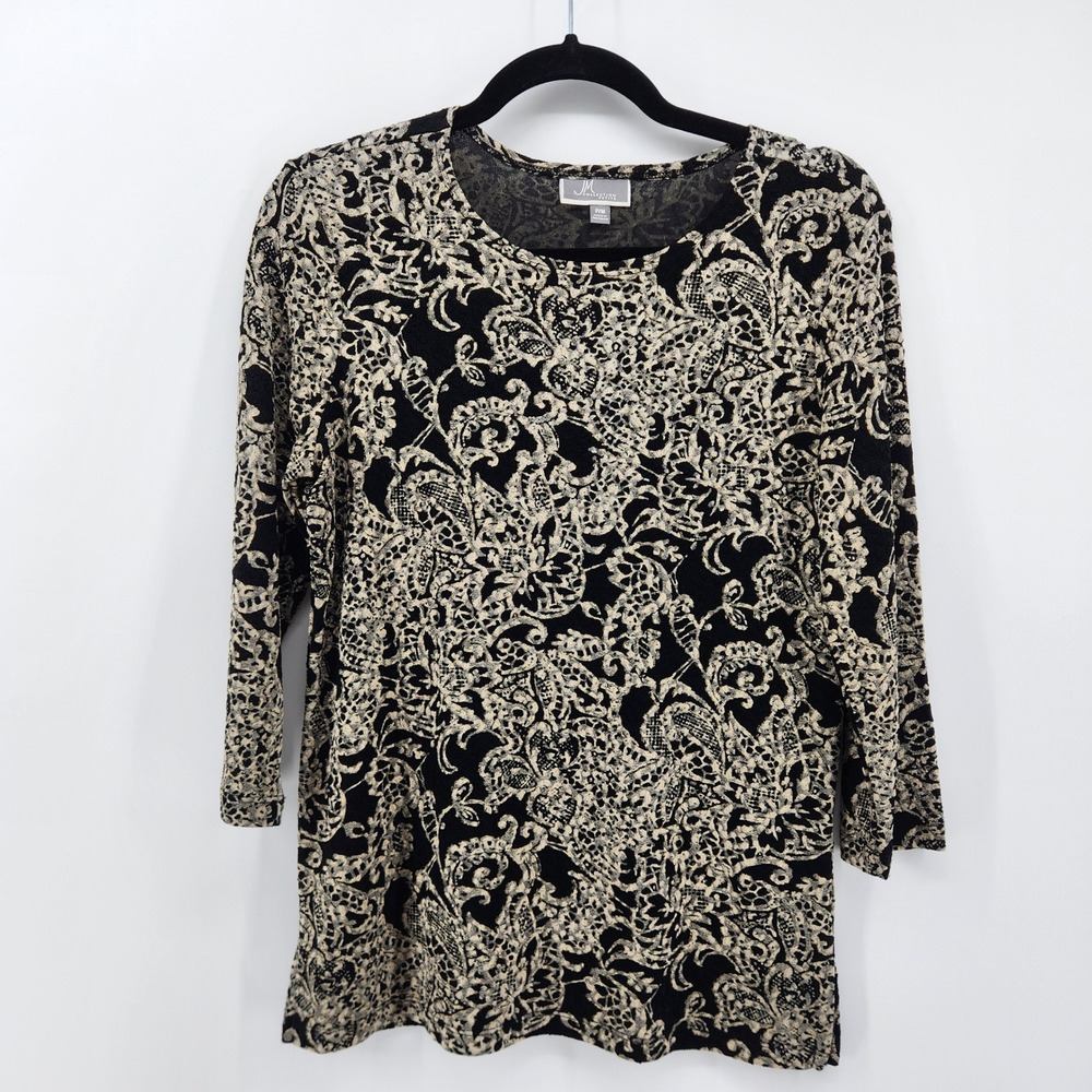 JM‎ Collection Petite Medium Blouse 3/4 Sleeve Black Beige Floral Paisley Print